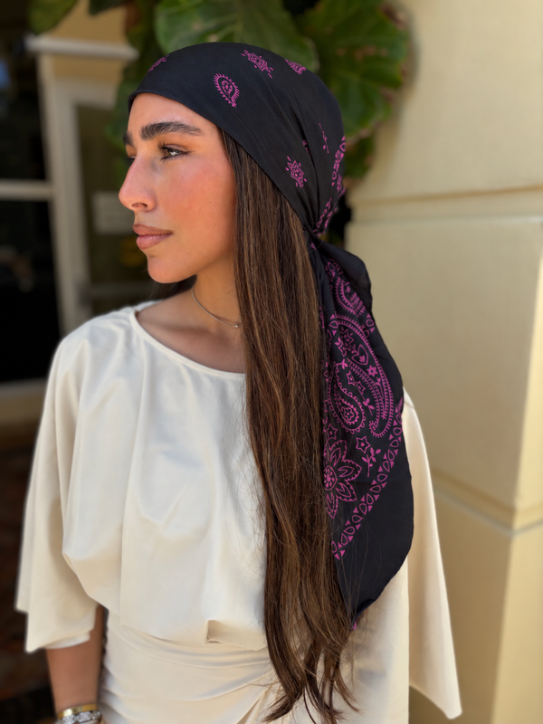 Paisley Hot Pink on Black Square Head Scarf
