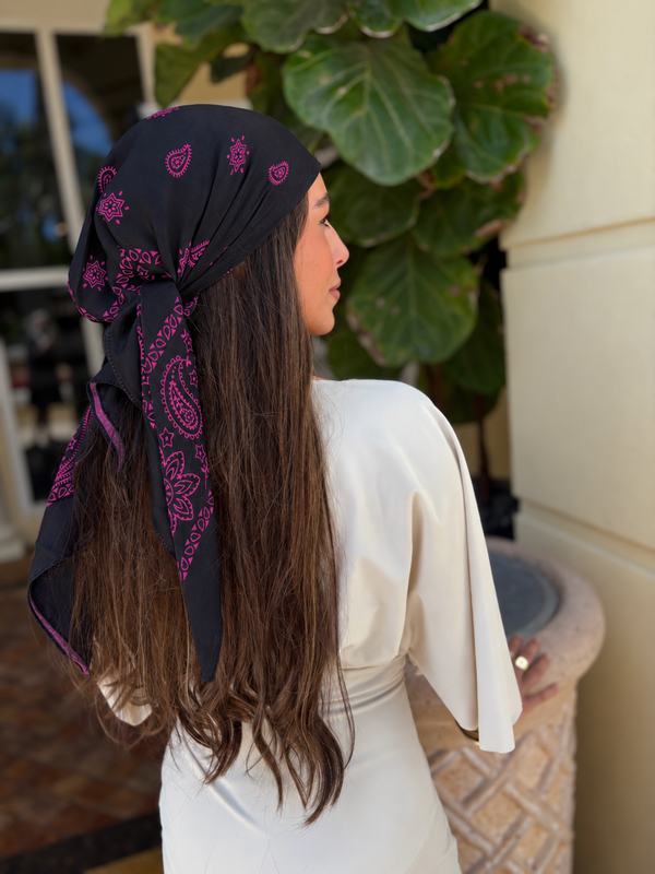 Paisley Hot Pink on Black Square Head Scarf