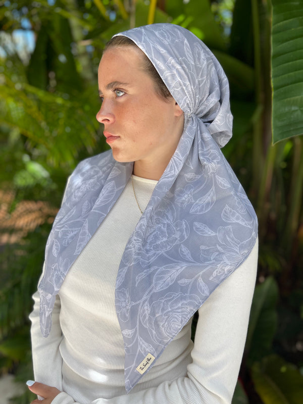 CLASSIC PRETIED Slate Toile Peonies Head Scarf (WITH VELVET GRIP)