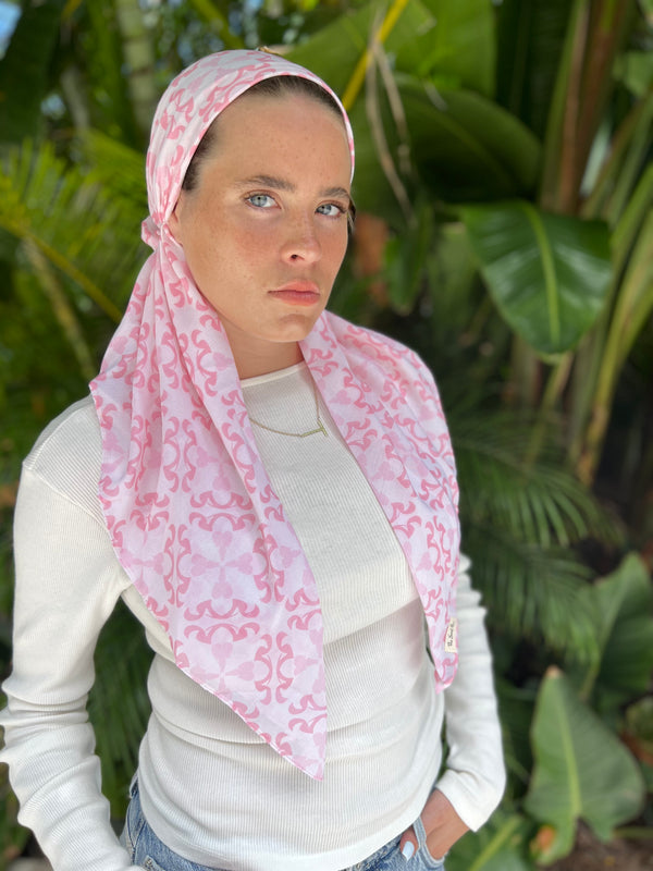 CLASSIC PRETIED Abstract Pink Tile Head Scarf (WITH VELVET GRIP)