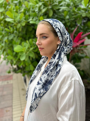 SB CLASSIC PRETIED Navy Floral Toile Head Scarf (WITH VELVET GRIP)