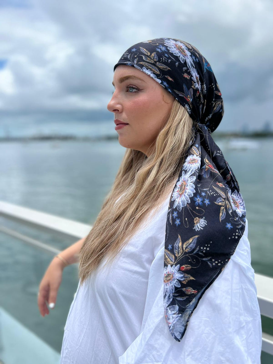 Black Mockingbird Floral Square Head Scarf