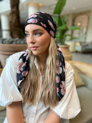 Gorgeous Ivory Floral On Black Square Head Scarf