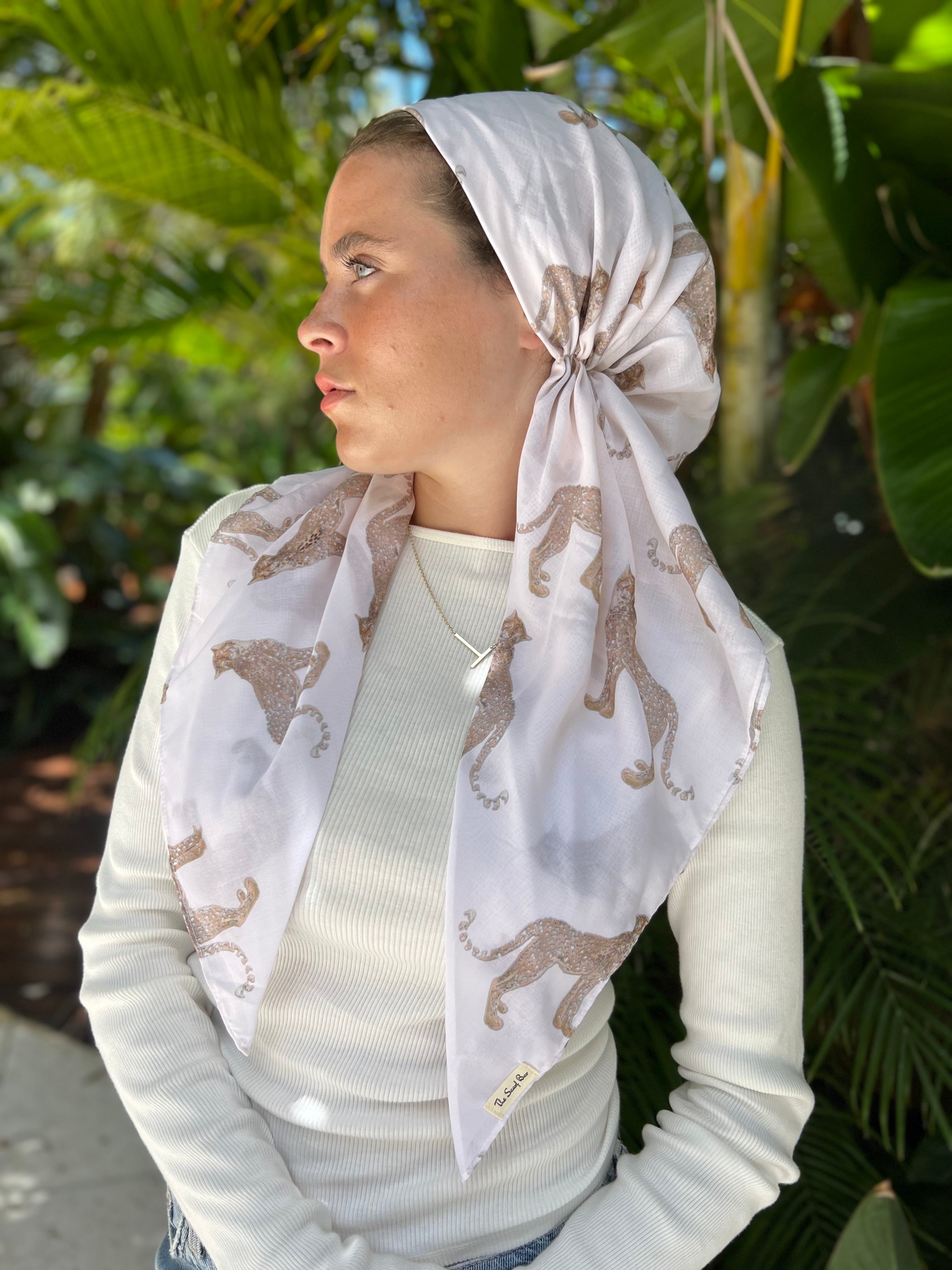 VERSATILE PRETIED Cream Elegant Cheetah Head Scarf WITH VELVET GRIP Scarf Bar