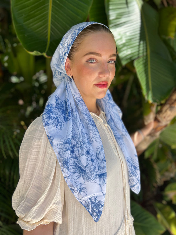 VERSATILE PRETIED Blue French Toile Florals Head Scarf (WITH VELVET GRIP)