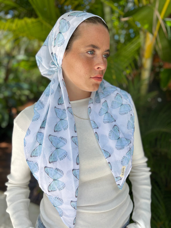 CLASSIC PRETIED Sky Blue Butterfly Head Scarf (WITH VELVET GRIP)