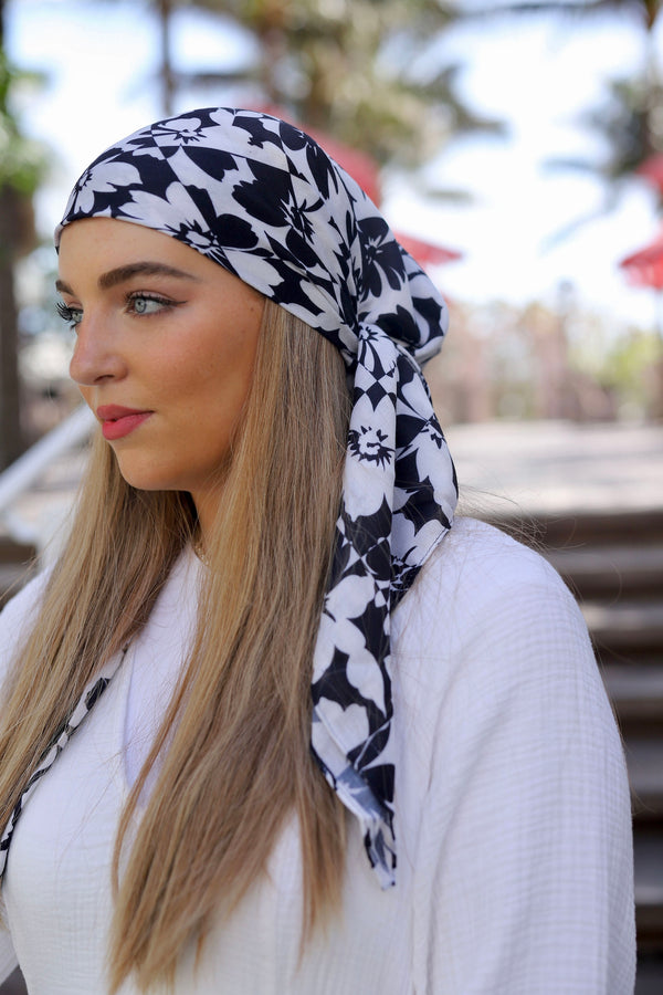 Black and White Checkered Floral Square Head Scarf