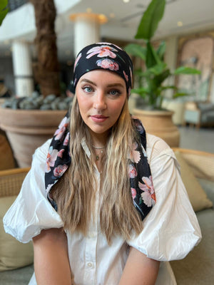 Gorgeous Ivory Floral On Black Square Head Scarf