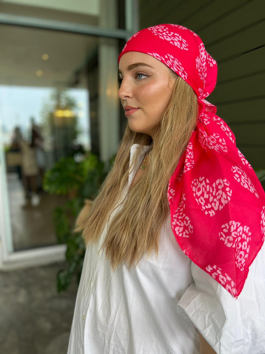 Hot Pink Leopard Hearts Square Head Scarf