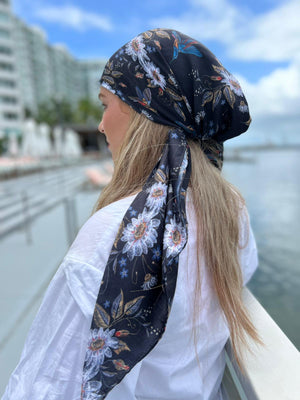 Black Mockingbird Floral Square Head Scarf