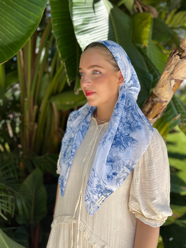 CLASSIC PRETIED Blue French Toile Florals Head Scarf (WITH VELVET GRIP)