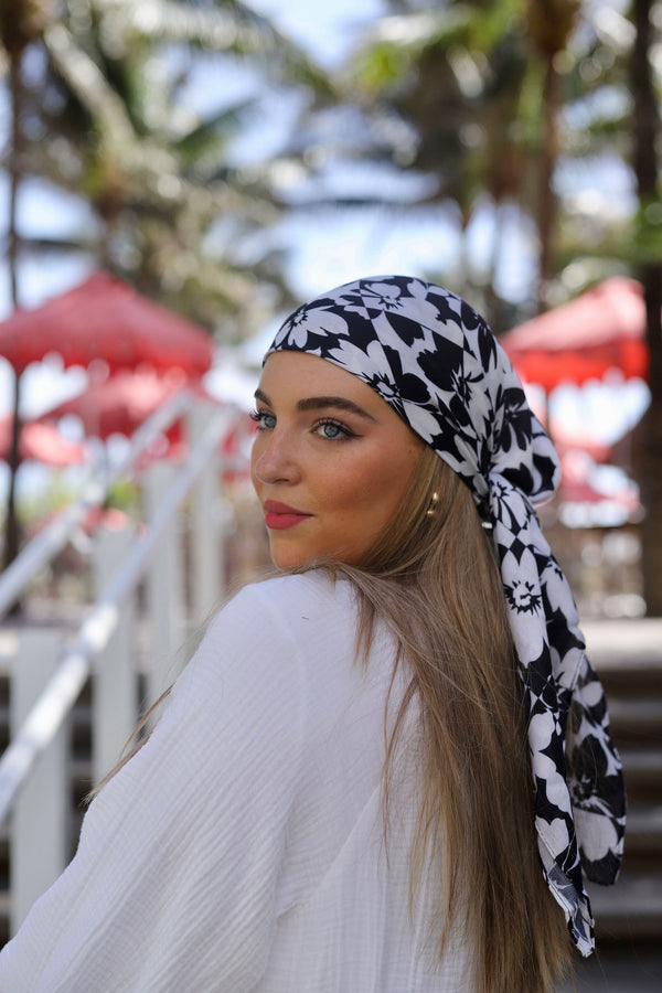 Black and White Checkered Floral Square Head Scarf