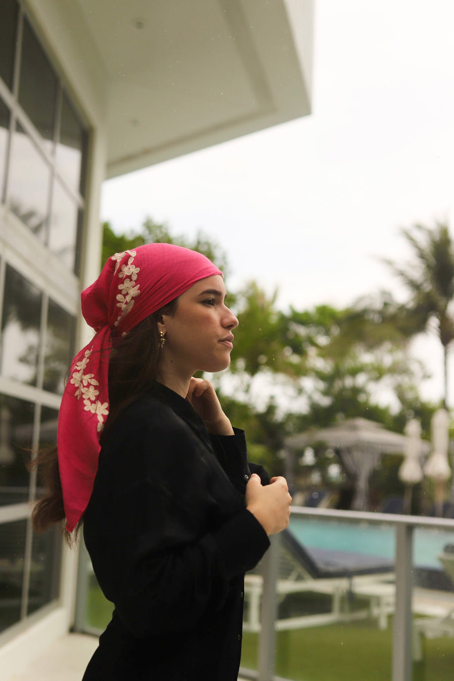 SB Dreamy Floral Hot Pink Embroidery Head Scarf