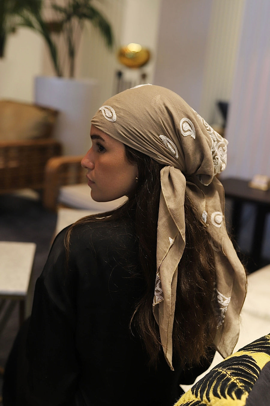SB Paisley Stitch Taupe Embroidery Head Scarf